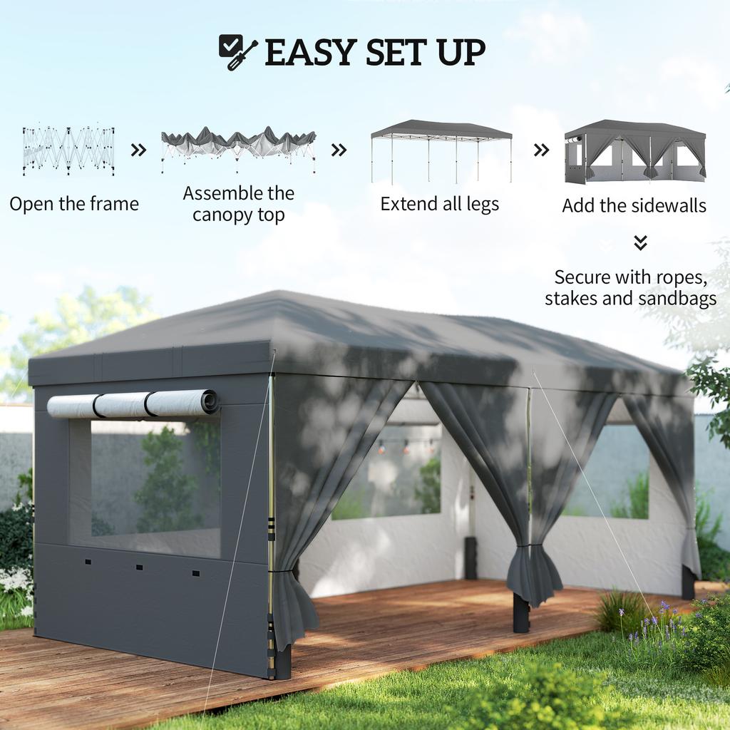 3 X 6 M Pop Up Canopy with UV50+ Protection Garden Gazebo with 6 Sidewalls, Dark Grey
