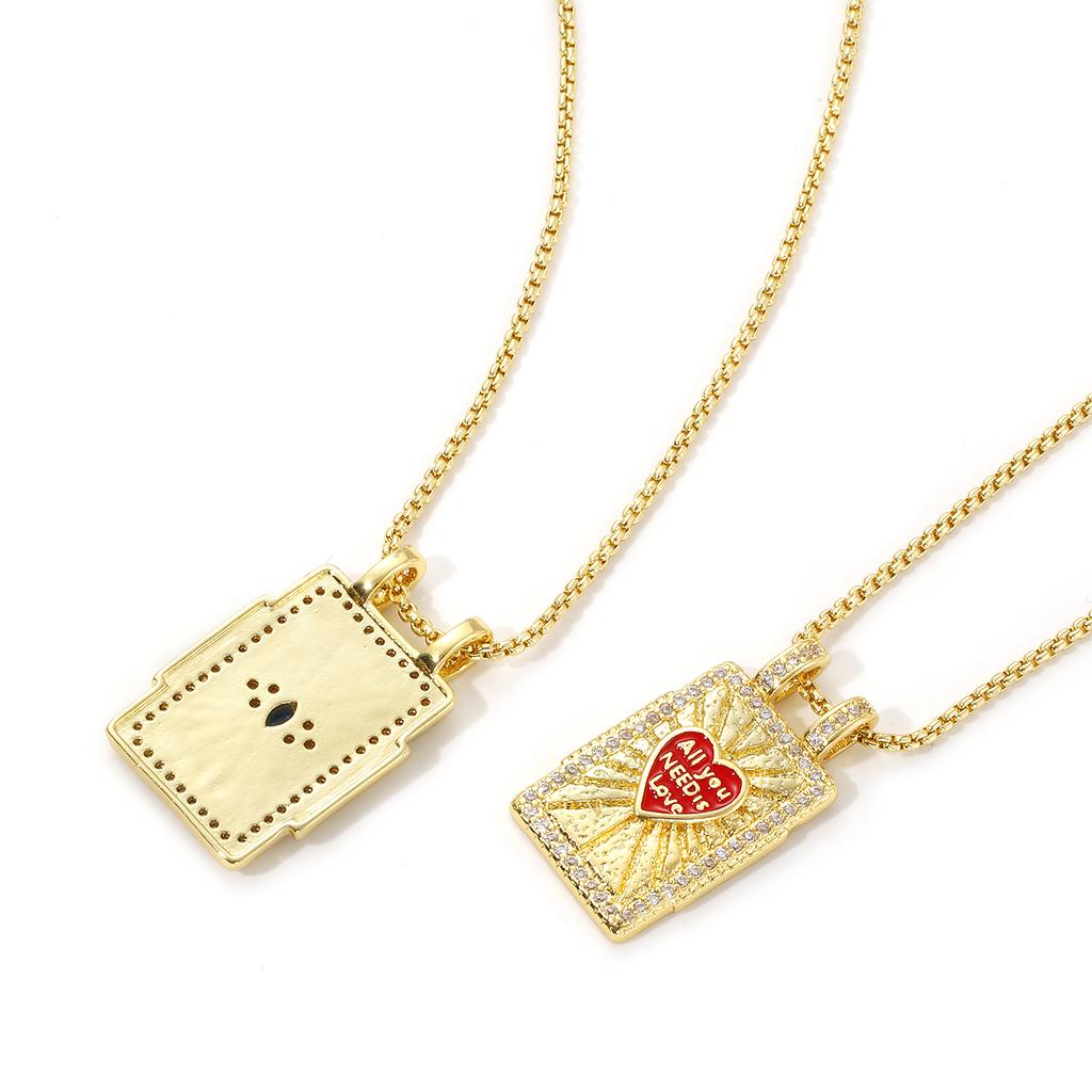1pc Enamel Heart Pendant Necklace 18K Gold Plated Multicolor Brass Link Cable Chain Rectangle Charm Necklace 45cm + 5cm Long