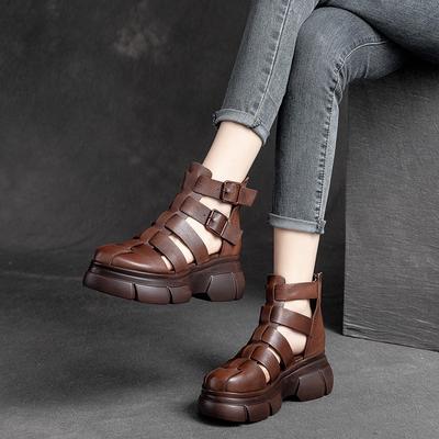 Genuine Leather Thick Soled Roman Sandals Round Toe Cowhide Versatile Women's Platform Shoes