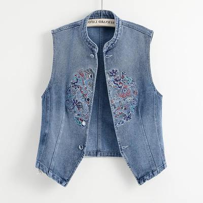Gilet en denim pour femmes, section fine de printemps, tempérament, broderie, col rond, veste boutonnée