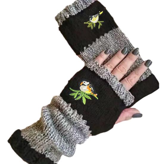 Embroidered Birds Fingerless Gloves Color-Block Knitted Warm Gloves Stretchy Mittens with Thumb