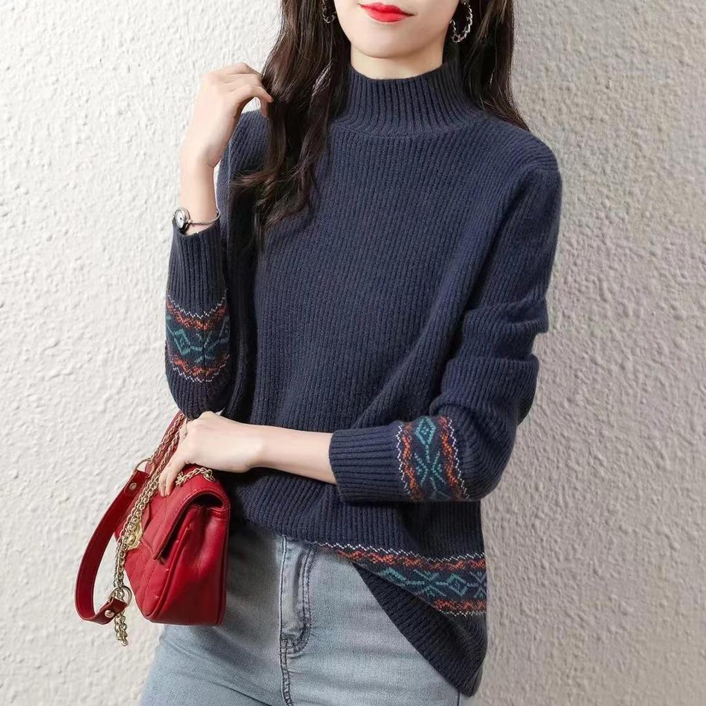 Autumn/Winter Ethnic Style Jacquard Loose Sweater with Half-High Collar for Women - Trendy Casual Outerwear & Base Layer