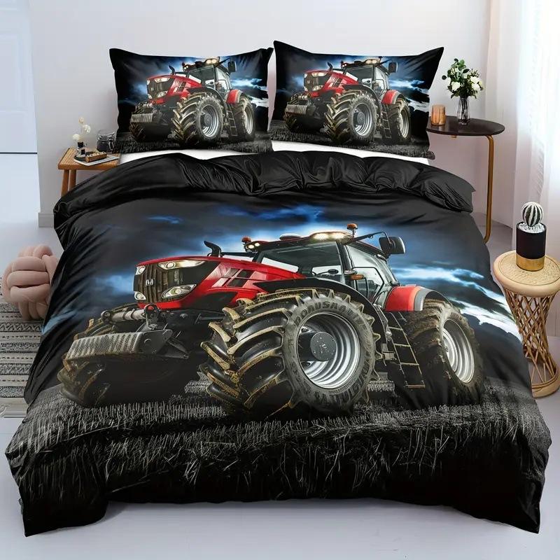 Tractor Pattern Quilt Cover Three-Piece Digital Printing Bedding Duvet Cover Kit