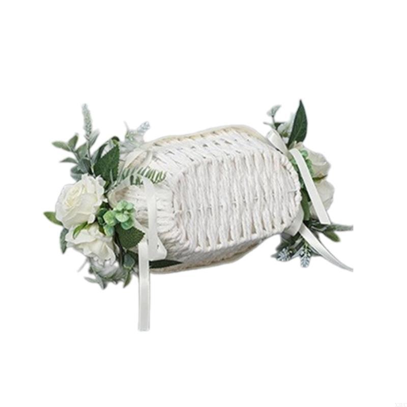 Western Wedding Flowers Basket Small Rattans Woven Basket with Handle for Bride X3UC