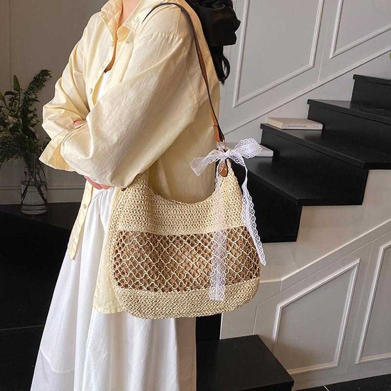 Yogodlns Women Hollow Shoulder Bag Large Capacity Straw Weaving Travel Handbag Adjustable Strap Shopper Tote Bag