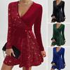 Fall Spring Women Dress V Neck Lace-up Tight Waist Sequin Decor A-line Big Hem Long Sleeves Prom Party Mini Dress