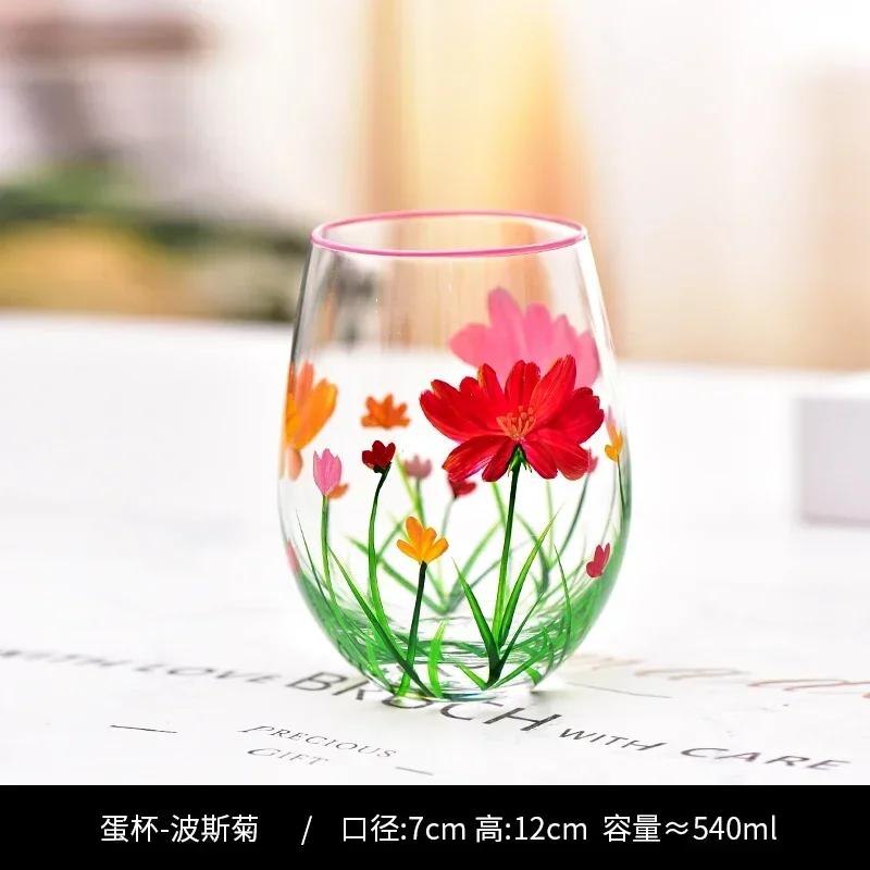 Hand Drawn Flower Patterned Crystal Glass Cup Festival Party Art High Feet Red Wine Cup Family Wine Glass Set Of Three Pieces