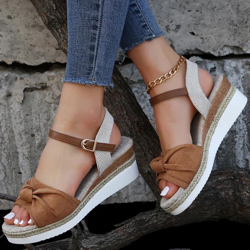 Fashion New Style Pleated Leopard Sandals for Women Buckle Decor High Heel Wedge Sandal Woman Summer Outdoor Platform Sandalias Mujer