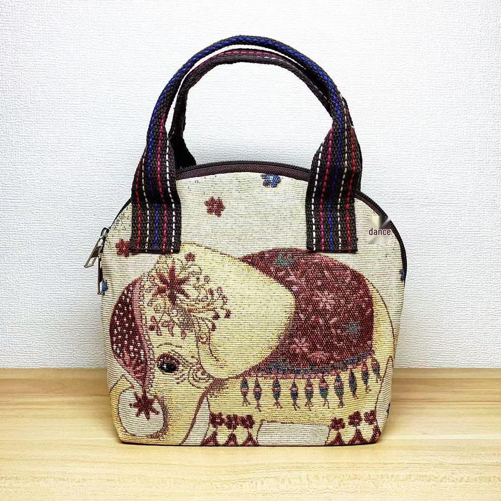 Embroidered Ethnic Canvas Handbag for Women: Shell-Shaped Purse with Jacquard Design