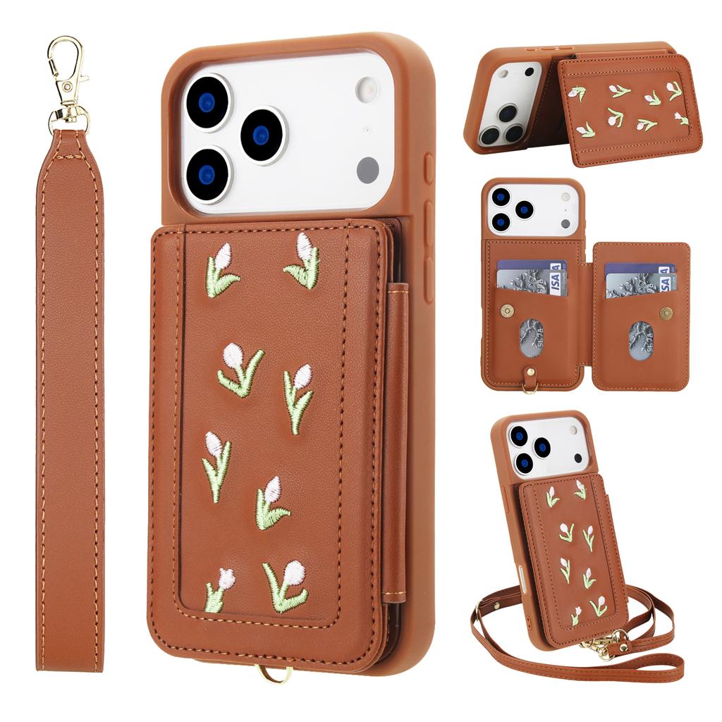 Crossbody Zipper Cards Solt Wallet Embroidery Leather Case for iPhone 17 Pro Max 16 Plus 15 14 13 12 Book Stand Skin Feel Cover