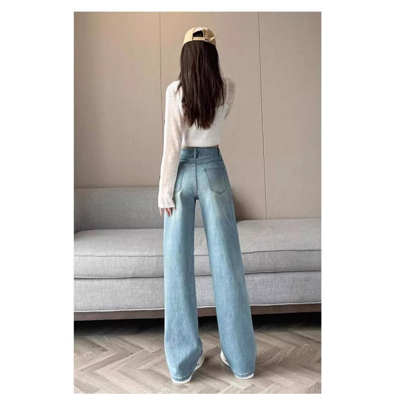 Women's Light Blue High Waist Wide Leg Jeans Retro Washed Denim Pants with Stitching Details