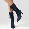 Denim Fashion Show Ankle Boots Stiletto High Heel Pointed Toe Lace-up Shoes For Woman All-match Street Snap Women Boots