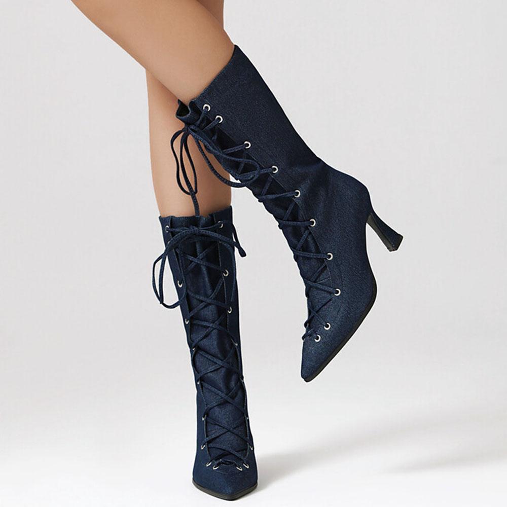 Denim Fashion Show Ankle Boots Stiletto High Heel Pointed Toe Lace-up Shoes For Woman All-match Street Snap Women Boots