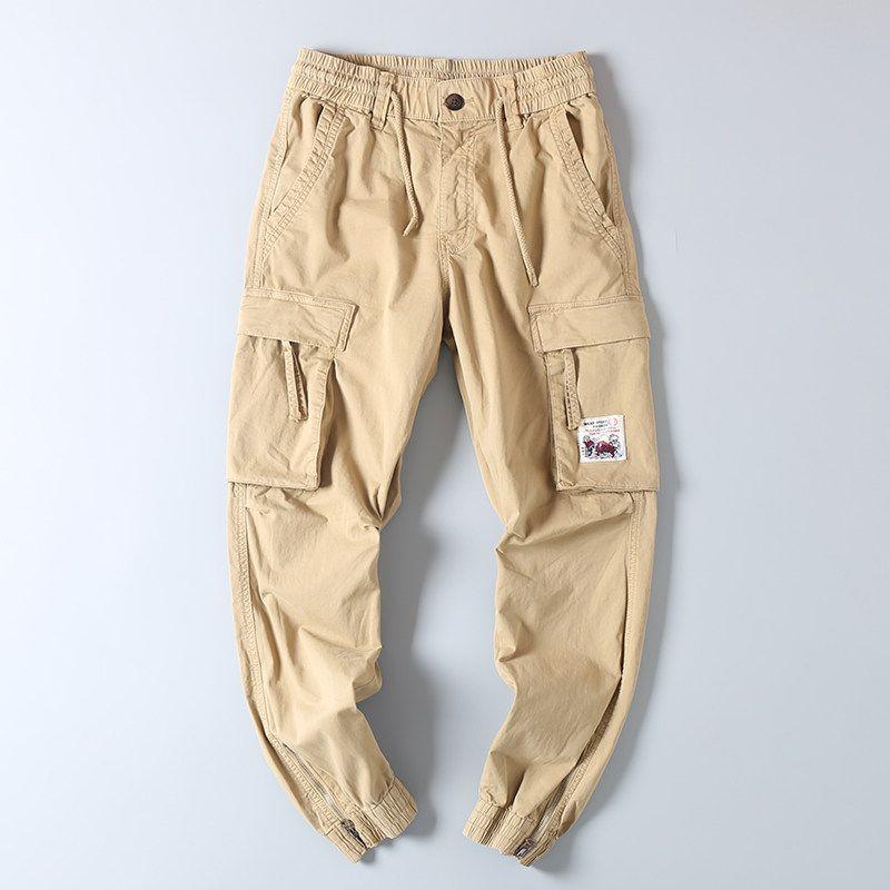 American Retro Casual Spring and Autumn Workwear Pants for Men, Outdoor Slightly Stretchy Loose Washed Pure Cotton Vintage Jogger Pants Khaki EUR32