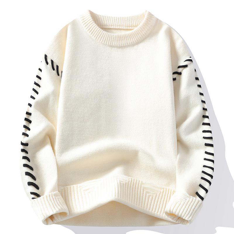 Men's Contrast Stitch Round Neck Sweater, Loose Knitted Pullover for Autumn-Winter 2024