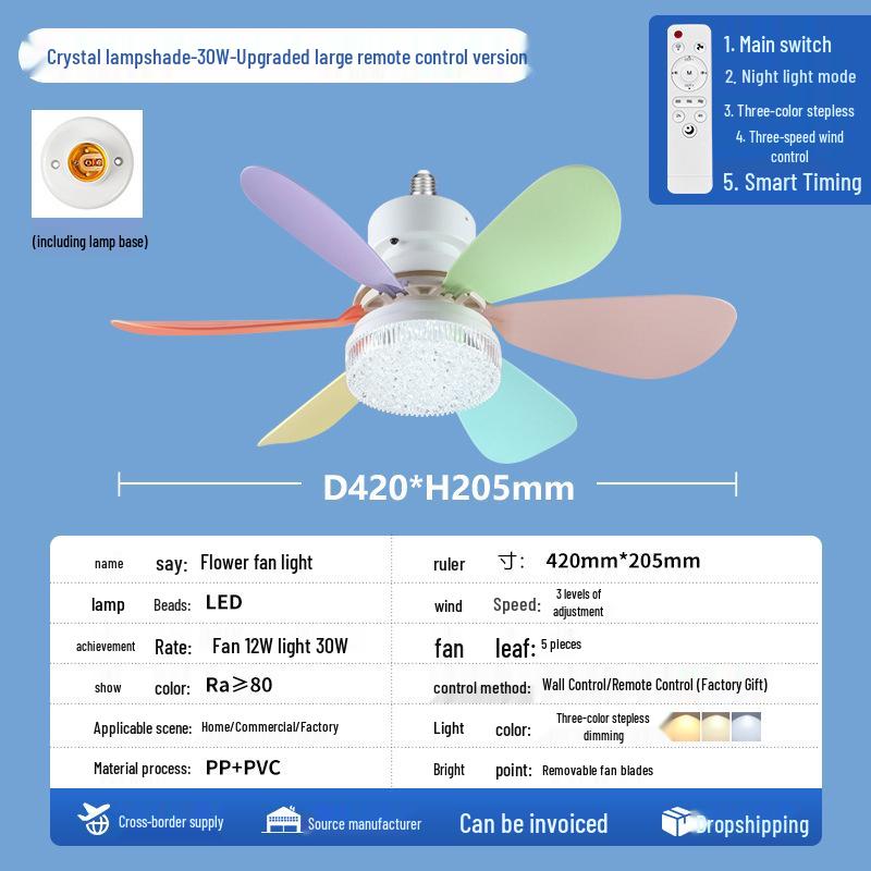 Ferngesteuerte LED-Blumen-Ventilatorleuchte mit E27-Sockel und stufenloser Dimmung für Zuhause