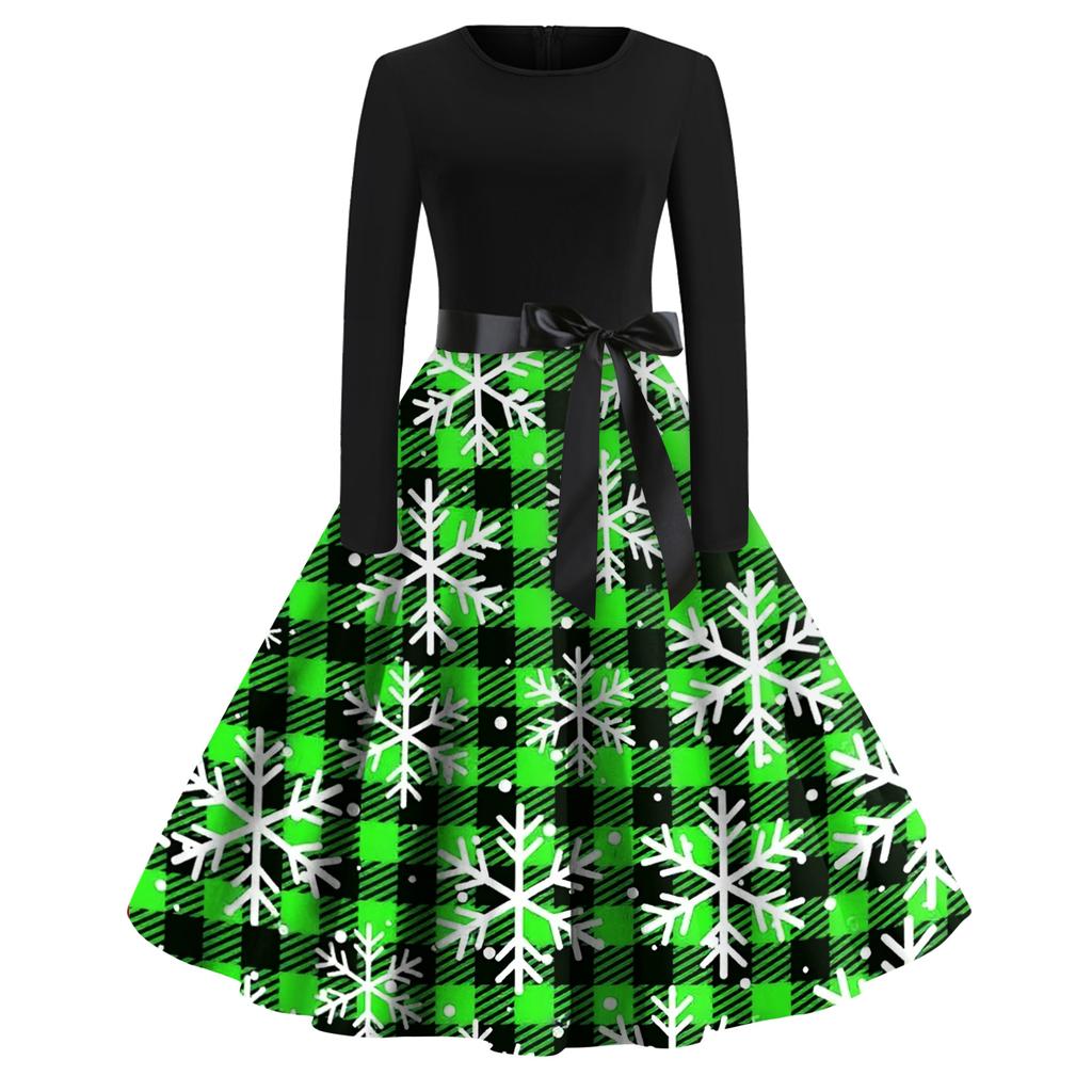 Women's Fashion Casual Round Neck Christmas Print Long Sleeve Dress