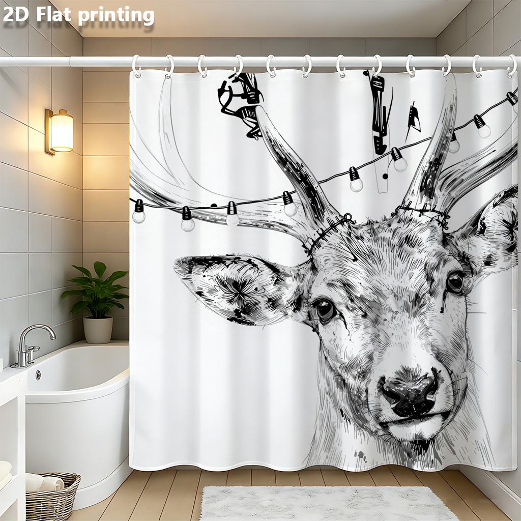

Black & White Deer Head Shower Curtain 1Pc Polyester 2D Flat Print 70.8X70.8 Sketch Style With Fairy Lights W60H190(CM)-1 Pcs