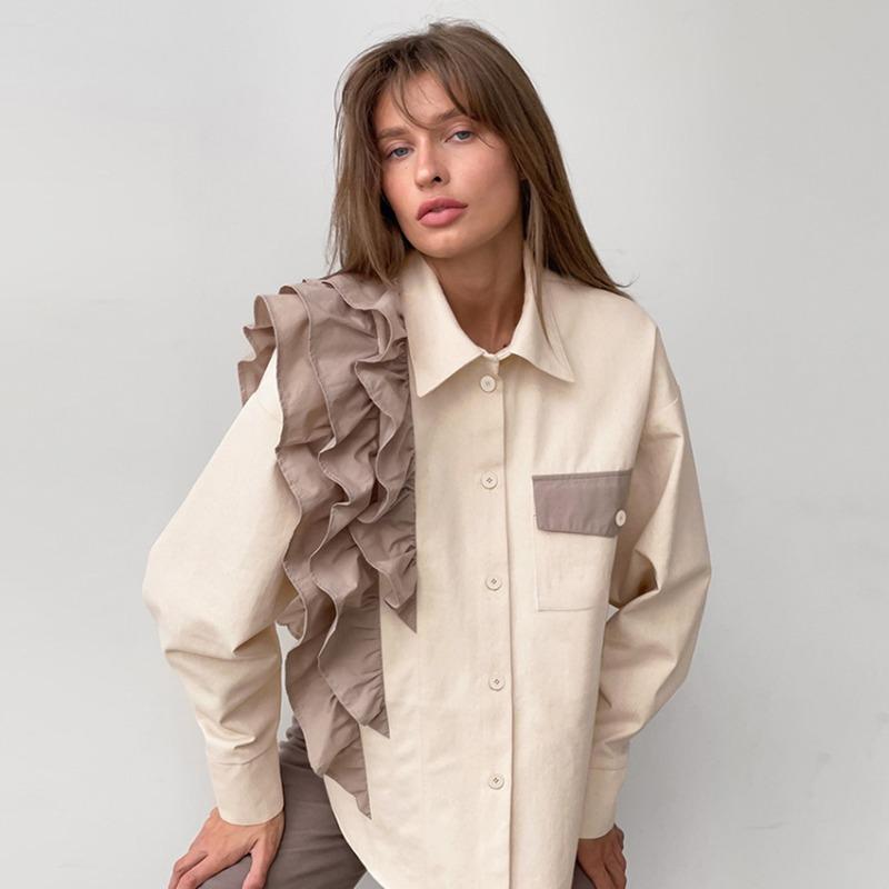 

Женская блузка с нерегулярными рюшами и длинными рукавами, свободные рубашки контрастного цвета с отложным воротником, женские летние уличные повседневные офисные женские топы