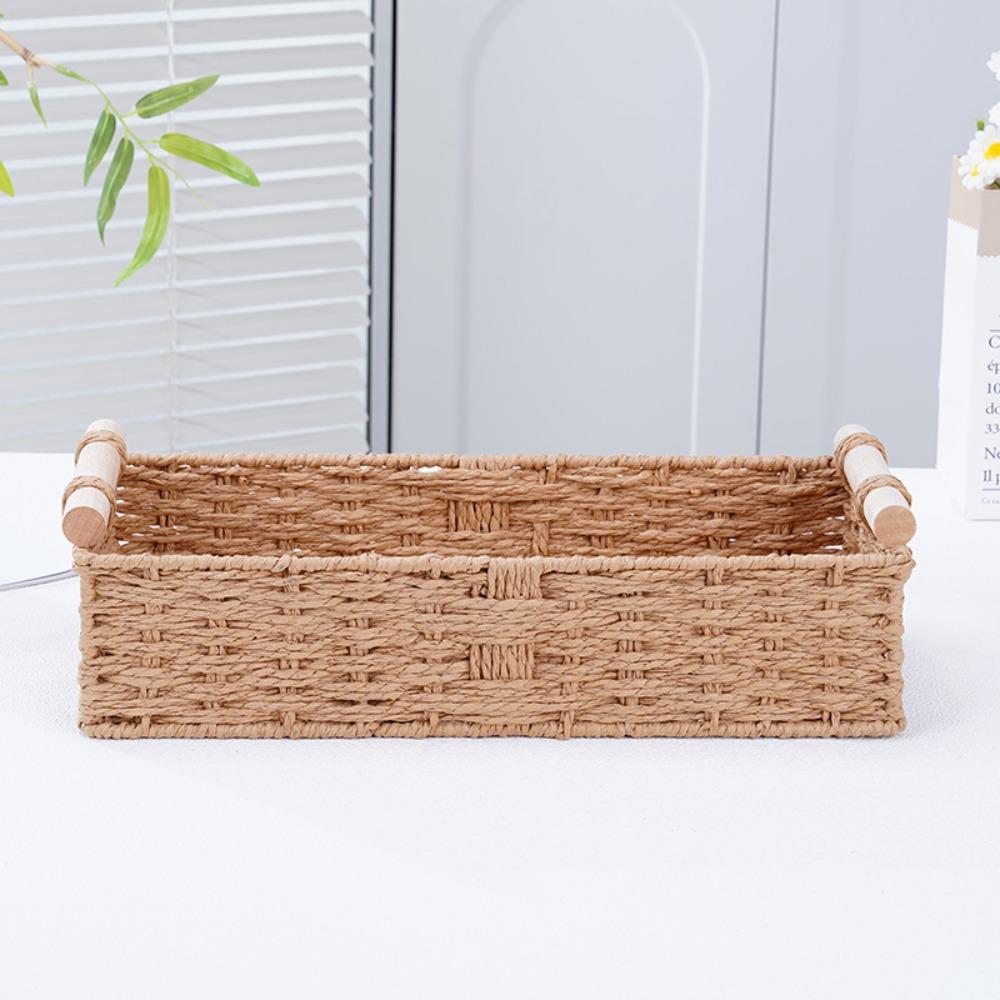 Handwoven Braided Toilet Paper Basket Wood Handle Sundry Storage Basket Snack
