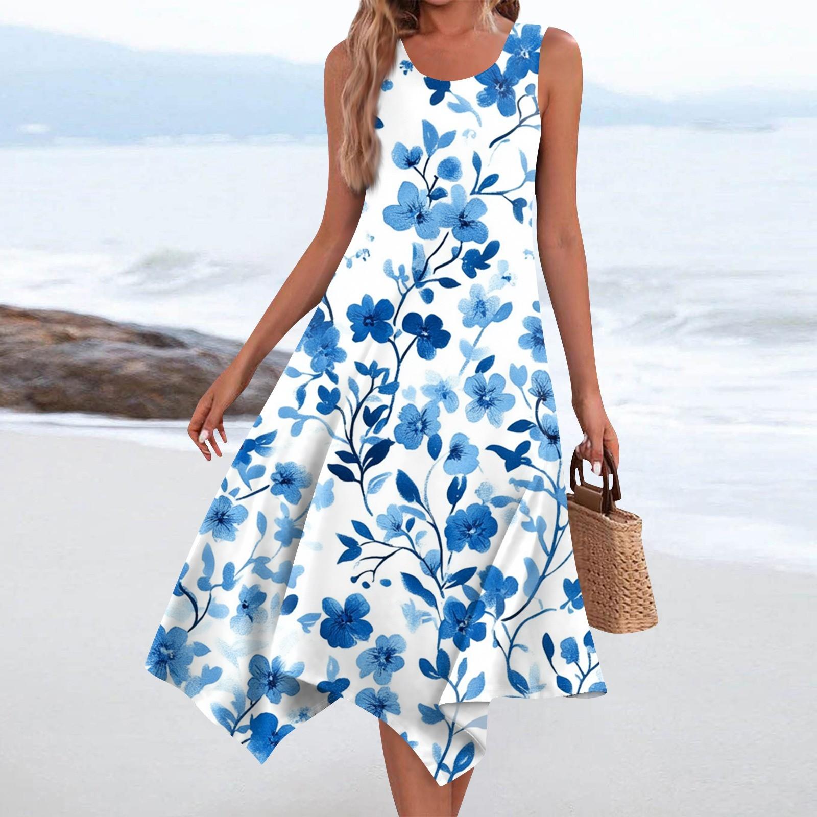 

Женское повседневное модное платье средней длины с круглым вырезом без рукавов с винтажным цветочным принтом и неровным подолом XL синий