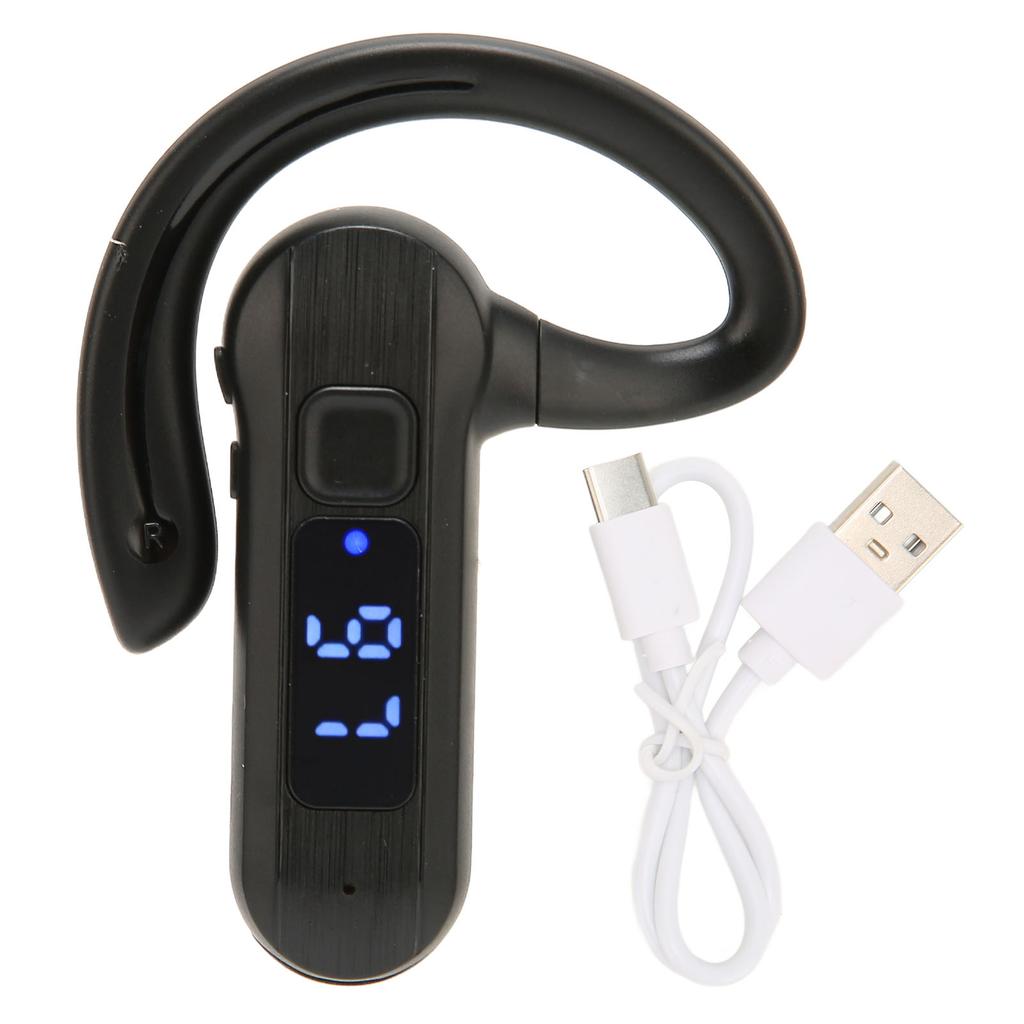 Single Ear Bone Conduction Headset Digital Display Voice Control Answering Wireless Earphone for Sports Business Black