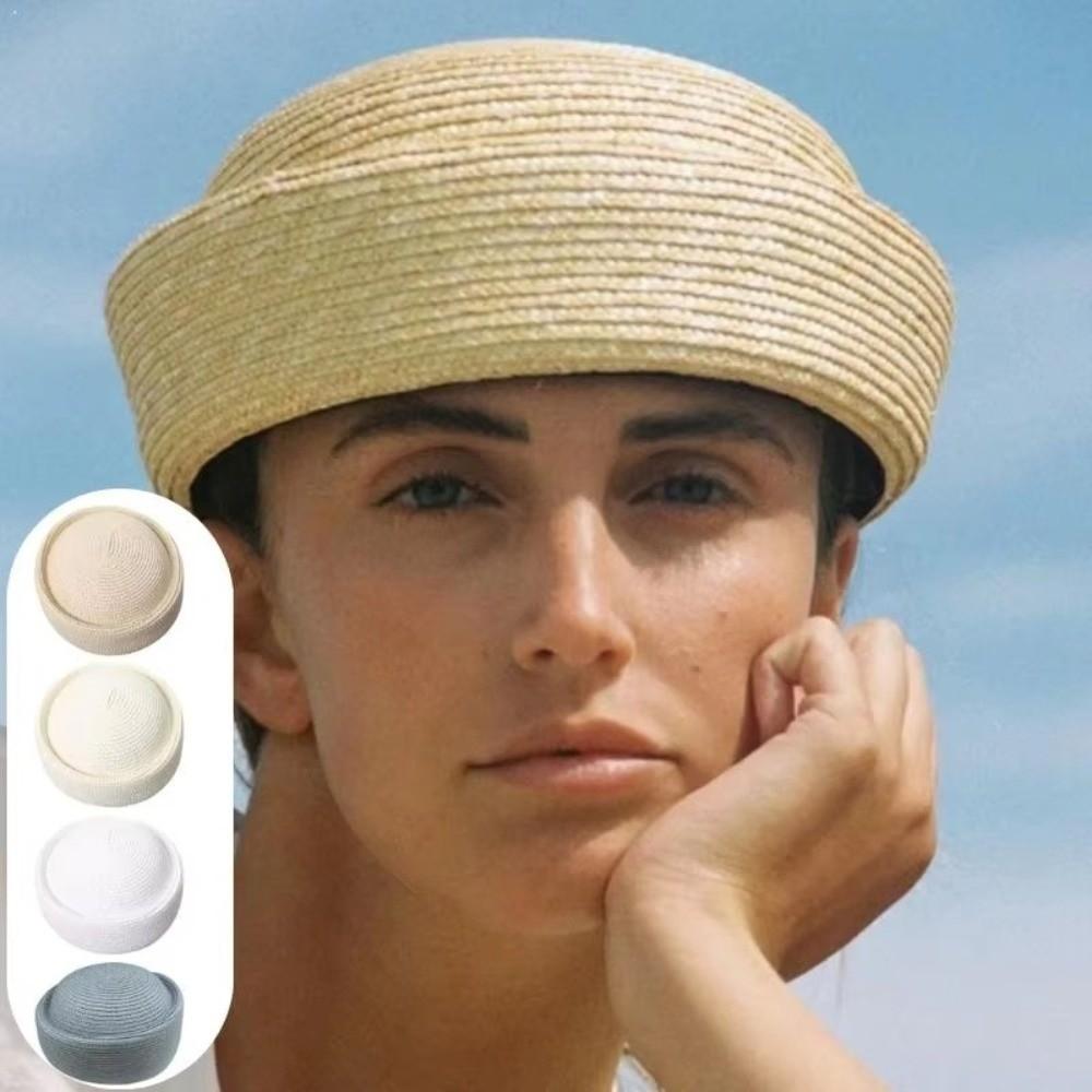 Breathable Beret Sun Hat Circle Concave Top Flat Top Handemad Straw Pillbox Hat Handmade Straw Pillbox Cap Women Headwear