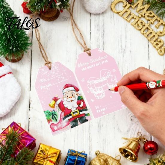 Decorative Paper Tags 60 Pcs Christmas Gift Tags, Pink Santa Snowman Hanging Labels Holiday Present Accessories with Hemp Rope for Winter Party