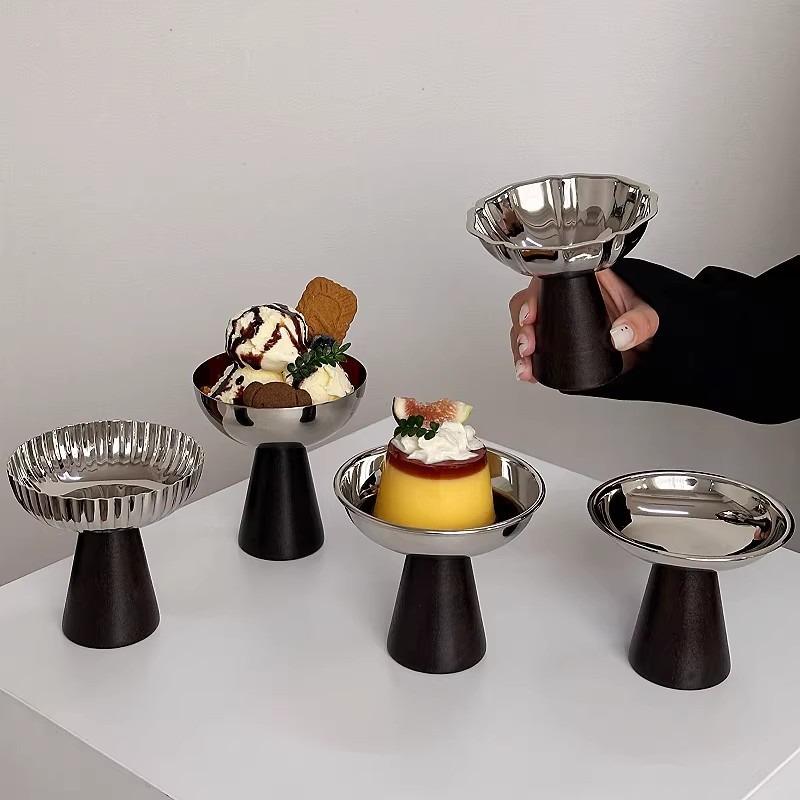 Fruit Bowl Restaurant Cake Ice Cream Desktop Stainless Steel Wooden Foot Dessert Tall Cup Dessert Bowl Decoration Storage Trays