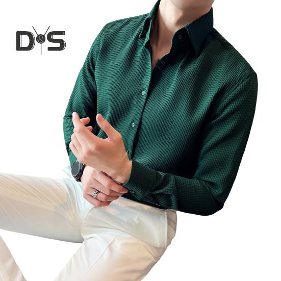 Camisa de hombre primavera otoño estilo francés cuello vuelto corte entallado textura gofre botonadura sencilla mangas largas color puro largo medio formal para jóvenes negocios