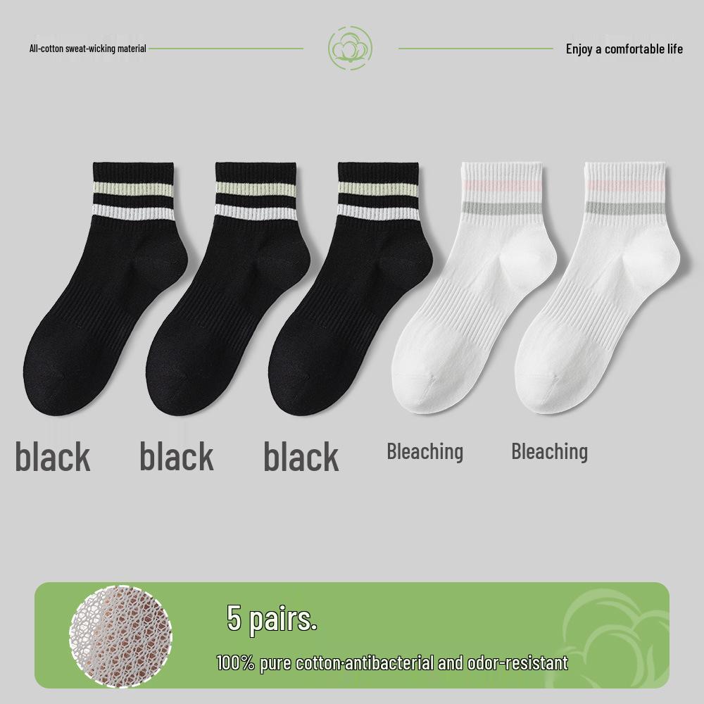 Women's Cotton Mid-Calf Socks - Antibacterial, Sweat-Absorbing, Deodorant, Casual Sport Striped for Spring/Summer