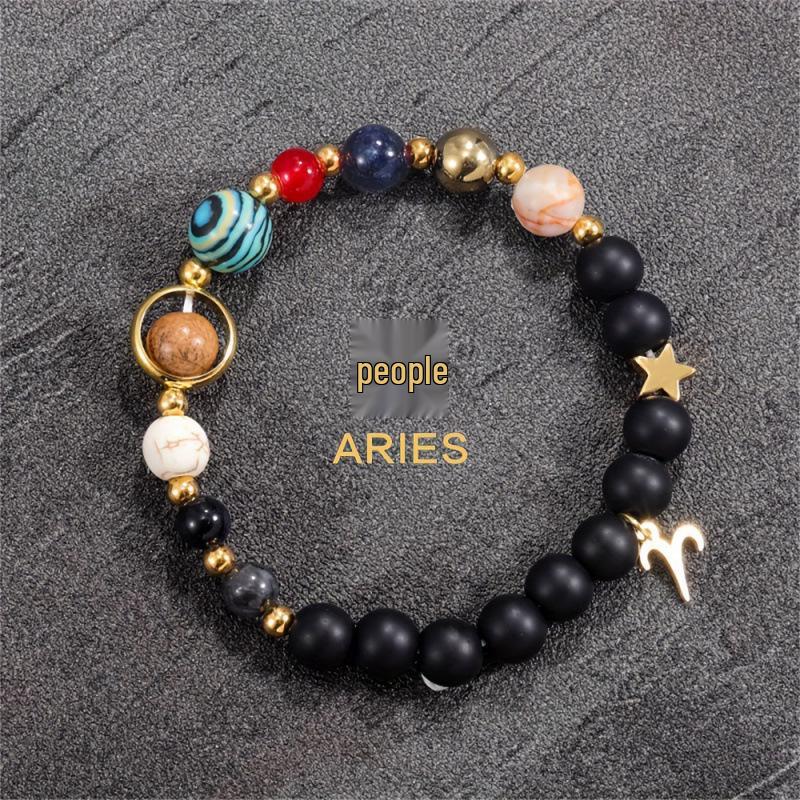Handmade 12 Zodiac Crystal Bracelets with Natural Stone for Women, Men, and Couples - Featuring Eight Planets Design
