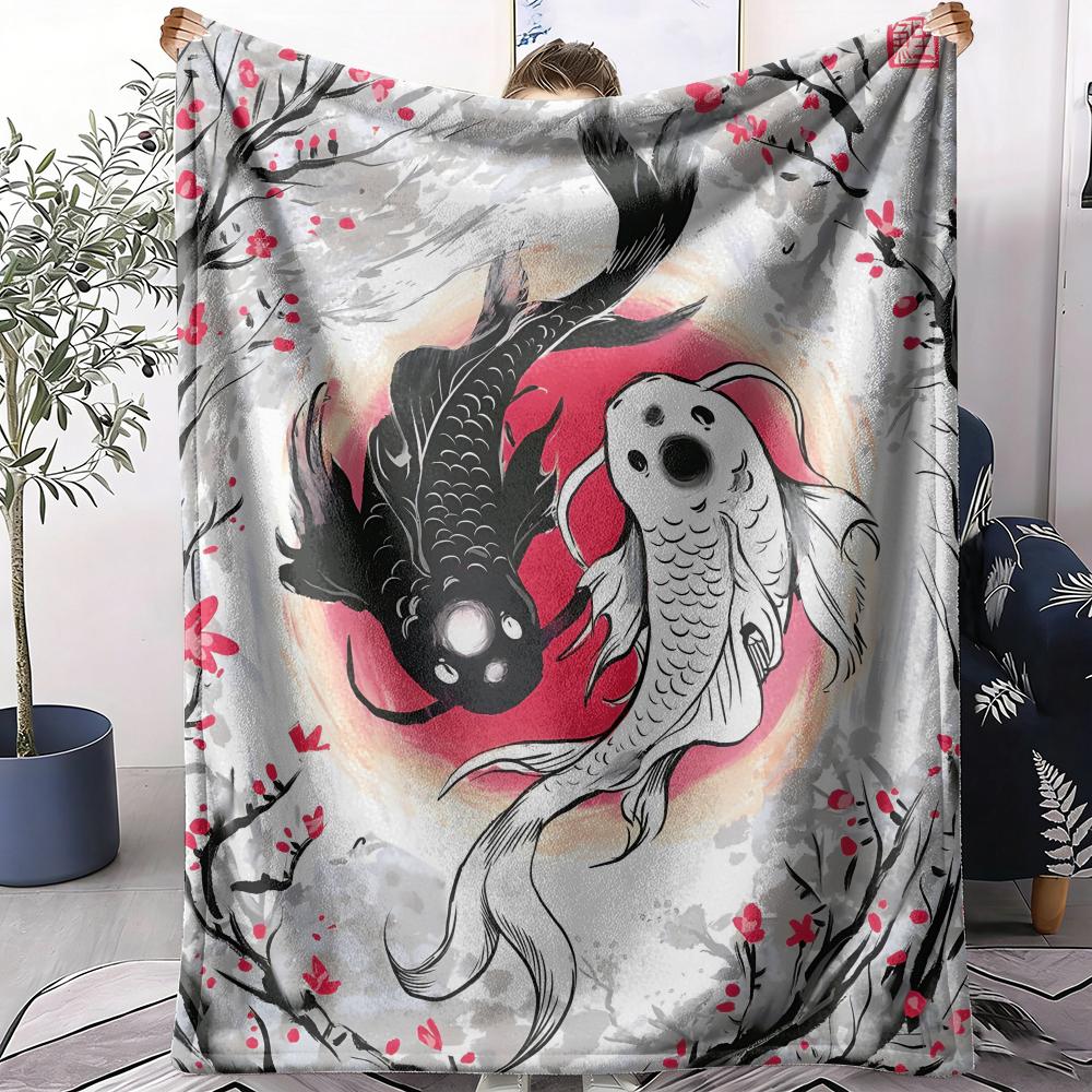 Koi Fish Yin Yang Throw Soft Flannel AC Blanket Lightweight Summer Nap Throw Cozy  Blanket for Sofa Bed Travel Home 75x90cm