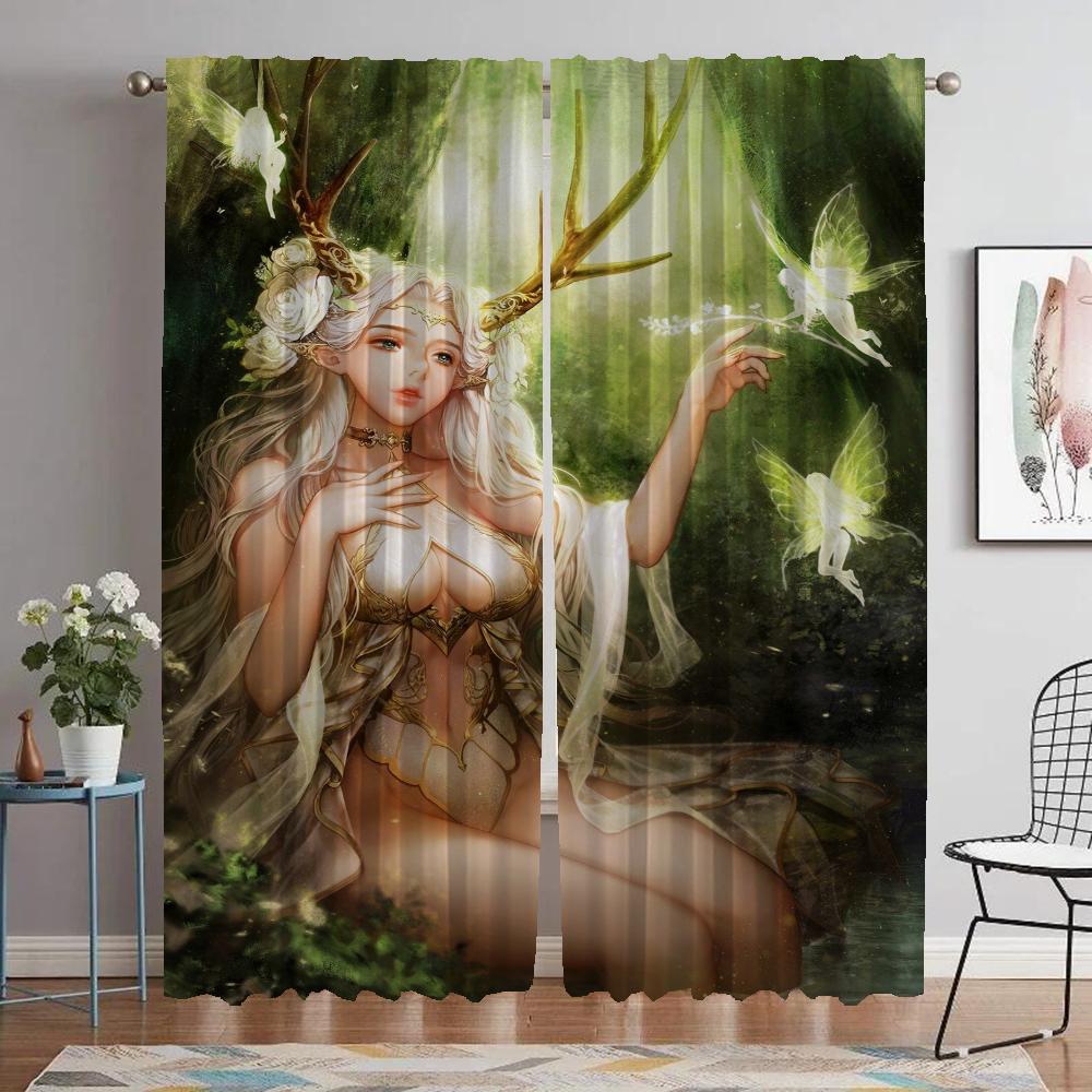 Modern Living Room Curtains 2 Pieces Female Elf Blackout Curtain for Room 2 Panel Shades Halloween Decoration Partition Kitchen