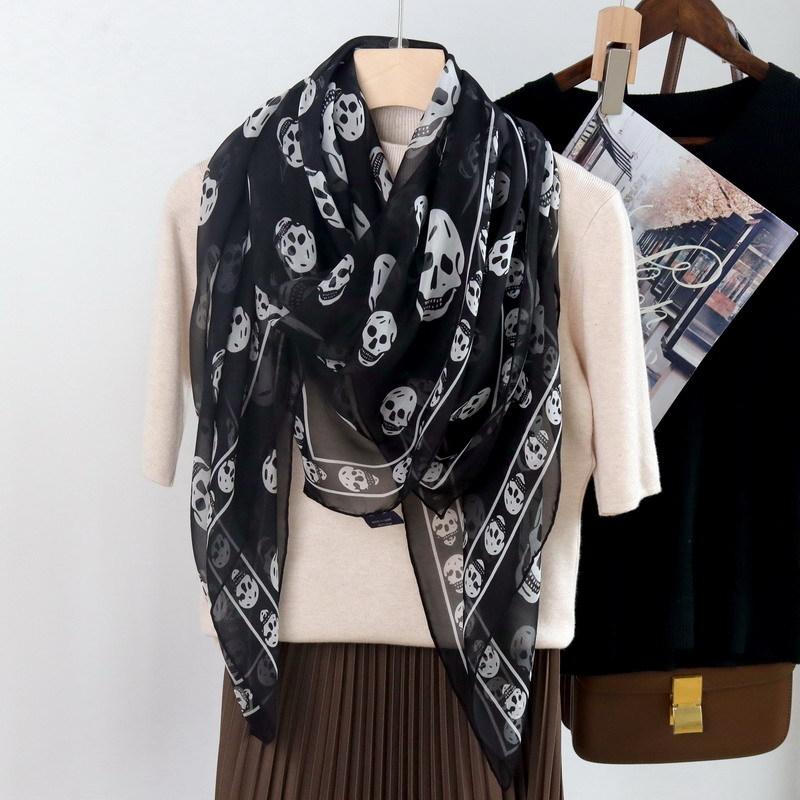 140*140Cm Real Silk Square Scarf For Women Classical Skull Printed  Silk Scarves Summer Ladies Fashion Light Headscarf