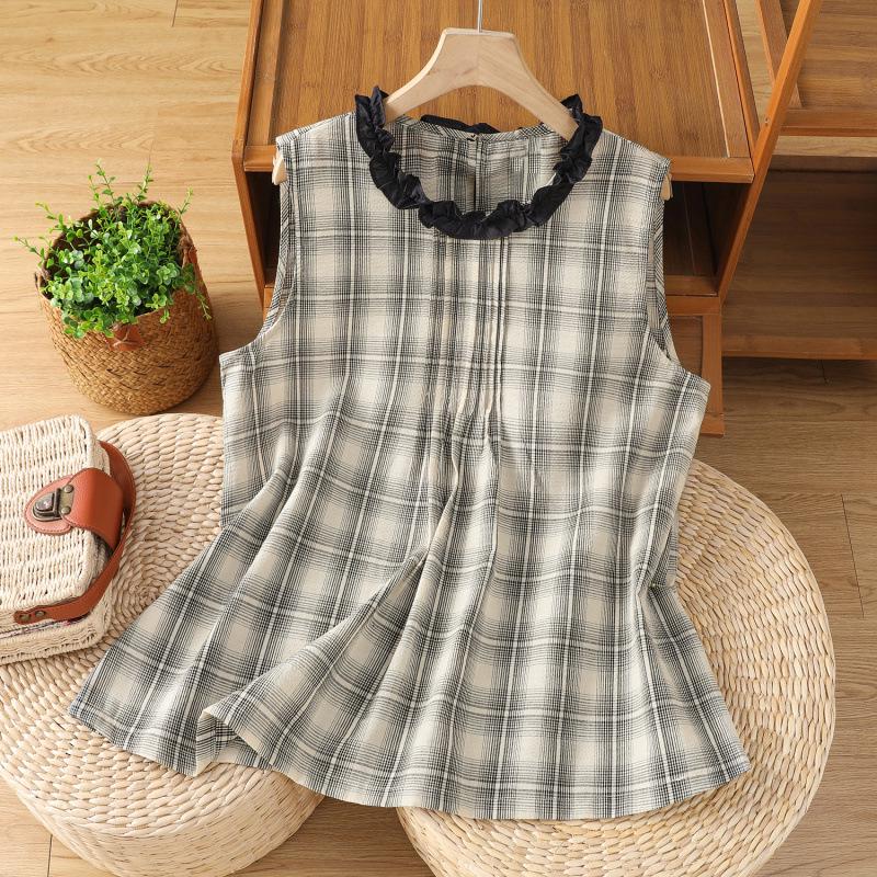 Chic Plaid Sleeveless Wood Ear Trim Vest - Summer 2025 Women's Fashion