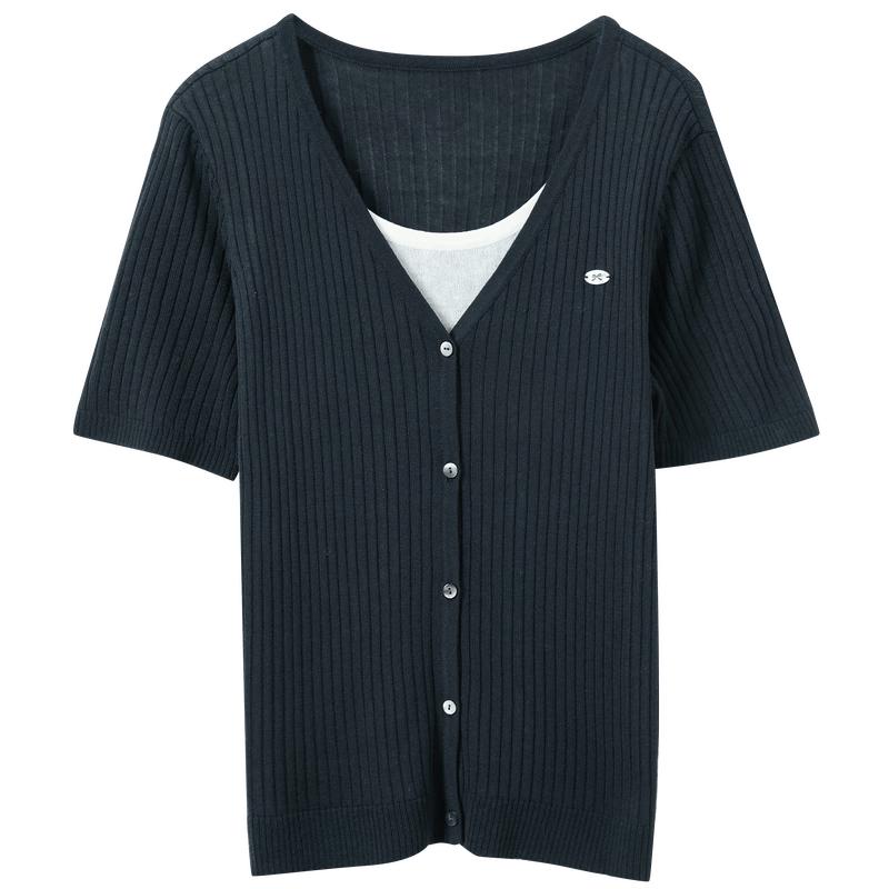 Sancai Plus Size Linen Acetate Blend Faux Two-Piece Knit Top