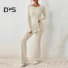 Women Two Pieces Suit Winter Autumn Knitted Long Sleeve Ribbed Slit Top High Waist Flared Trousers Set Fashion Outfit