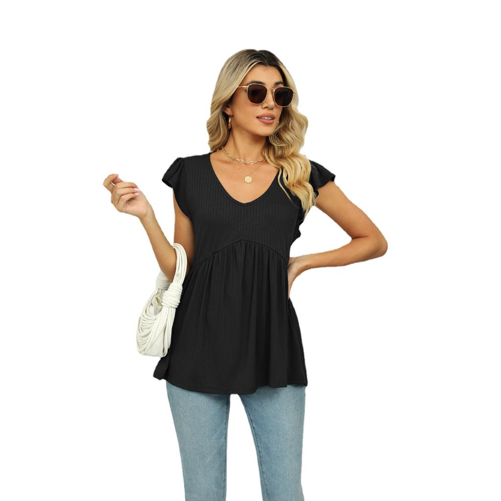 Summer Women's T-Shirt V-Neck Pit Stripe Drawstring Pleated Doll Shirt Sleeveless Top