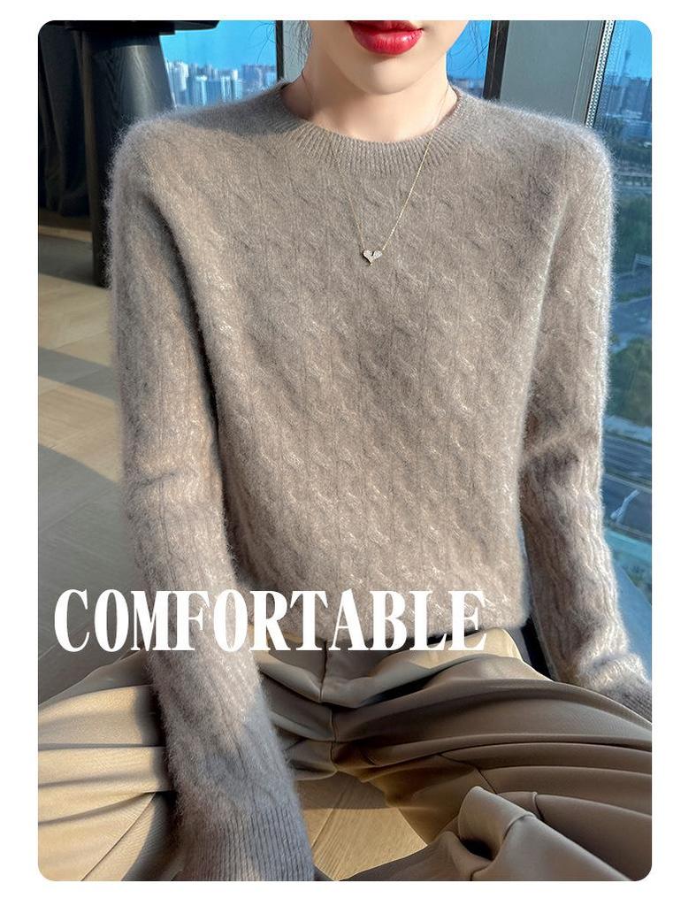 Women's Cashmere Sweater - Autumn Winter Solid Color Jacquard Round Neck Loose Knit