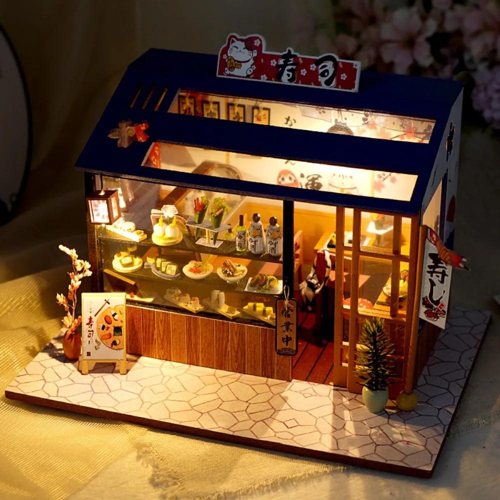 Multicolor Handmade Assembly Shop Models Japanese Sushi Wood Diy Dollhouse With Lights Cake Flower Shop Miniature House Gift