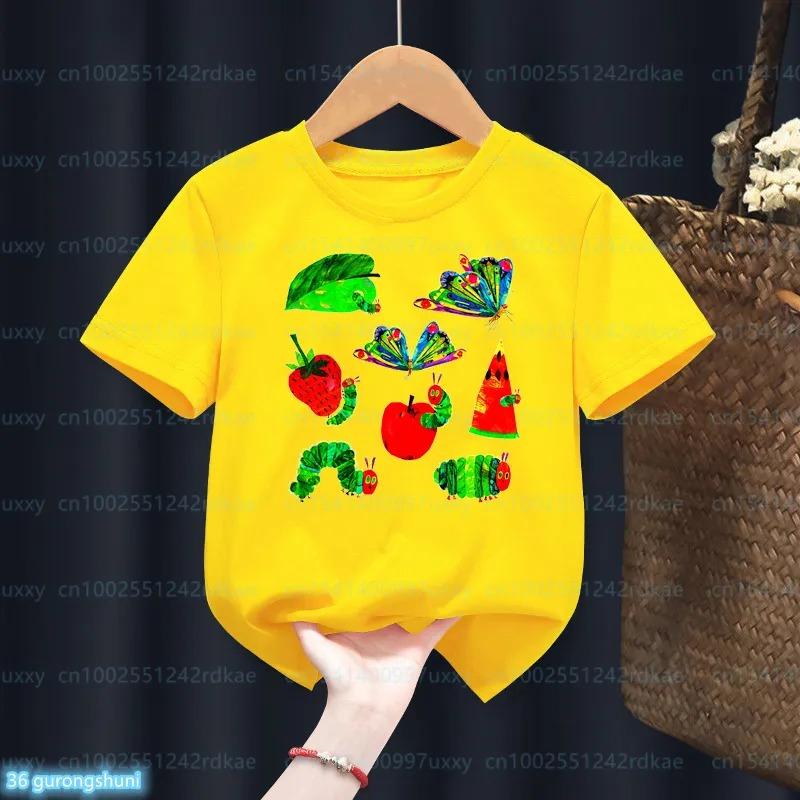 Newly Kids T-Shirt Funny The Very Hungry Caterpillar Cartoon Print Tshirts For Boys Summer Cute Boys/Girls Yellow Tshirt Top