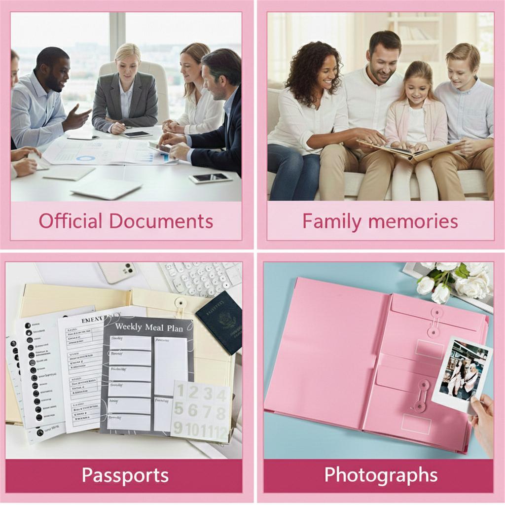 Pink Document Organizer Folio 12 Pockets Envelopes Important File Binder with Label Stickers for Missing Prevention Home School Office