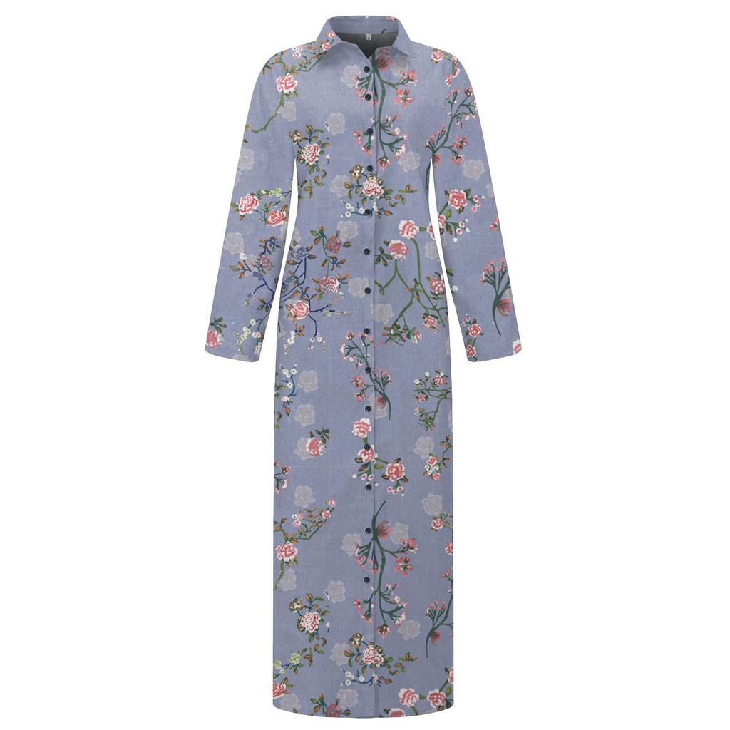 Abito lungo da donna, moda casual, temperamento, catena allentata, stampa geometrica, camicia a maniche lunghe, camicia con bottoni