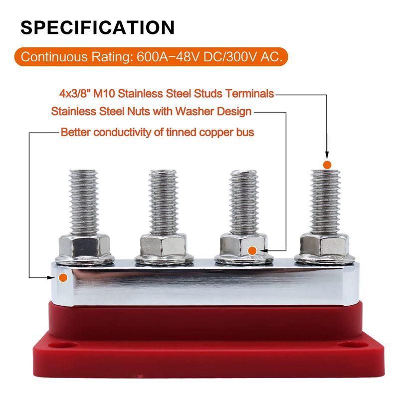 AAAF 600A Bus Bar 4-Stud (3/8 Inch) M10 High Current Copper Busbar Terminal Block Marine DC 12V 24V 48V With Cover