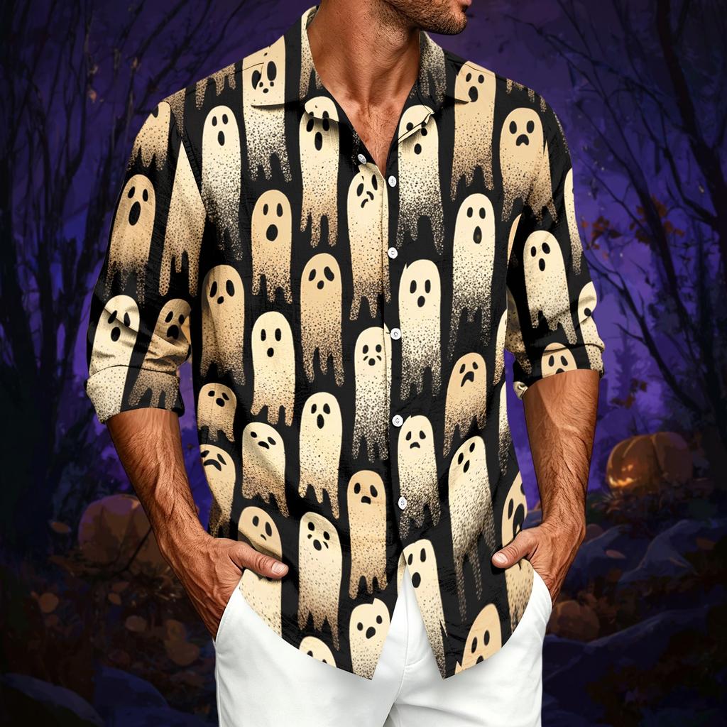 Men's Casual Long-Sleeve Shirt with Halloween Print for Spring ,Summer and Fall