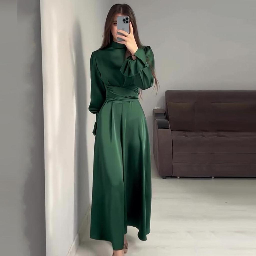 Qooth Elegant Ruffled Bandage Maxi Dress For Women Slim Lace-Up Solid Vintage Evening Partywear Ladies Long Dress