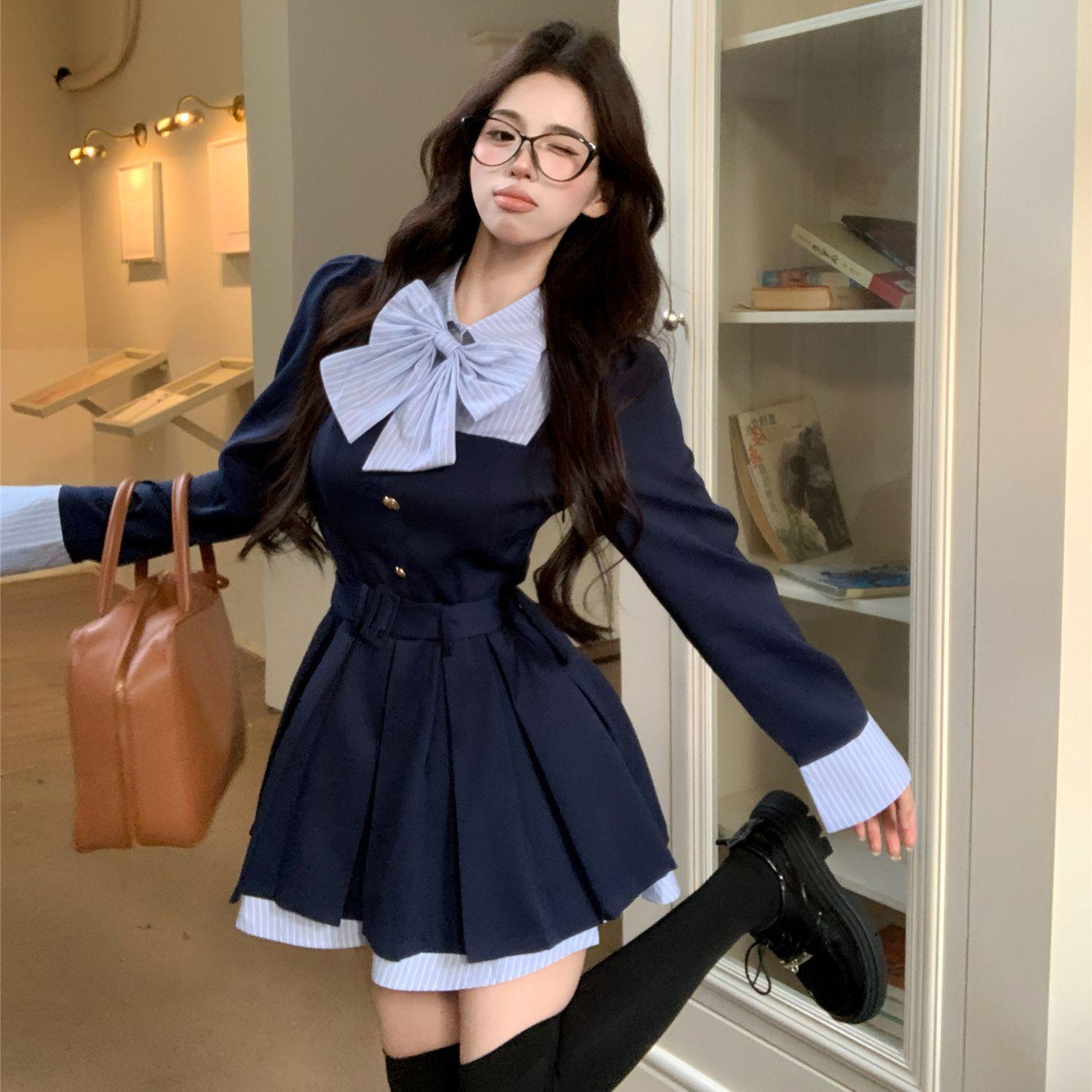 

Осень-зима Женские эстетичные черные розовые платья с бантом Cutecore Preppy Style Мини-юбки в складку Shoujo Kawaii Lolita Одежда S синий