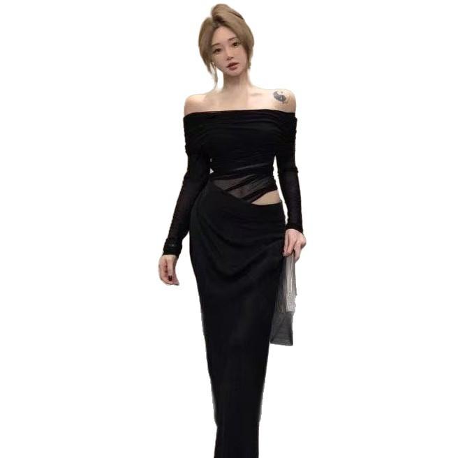 Hochwertiges Netz-Patchwork-Langarmkleid Damen Frühling Temperament Schwarzes Hohltaillen-Leicht Transparentes Schulterkleid