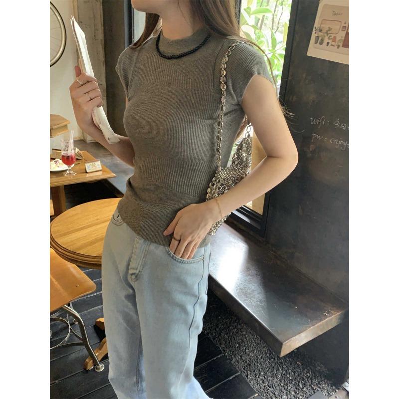 Knitted Short-sleeved Summer Slim-fitting Right-shoulder Fashionable and Versatile Thin Top with Design
